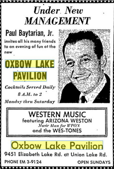 Oxbow Lake Pavilion - August 1962 Ad (newer photo)